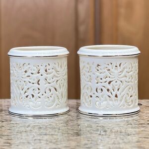 Lenox Set of 2 Pierced Porcelain Tea Light Candle Holders Ivory Gold Fillagree